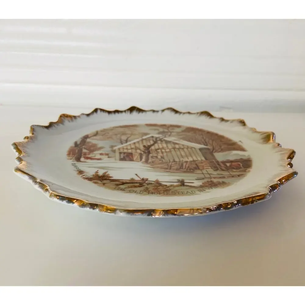 VINTAGE Currier & Ives Old Homestead in Winter Snow Rustic Porcelain 7 in Plate